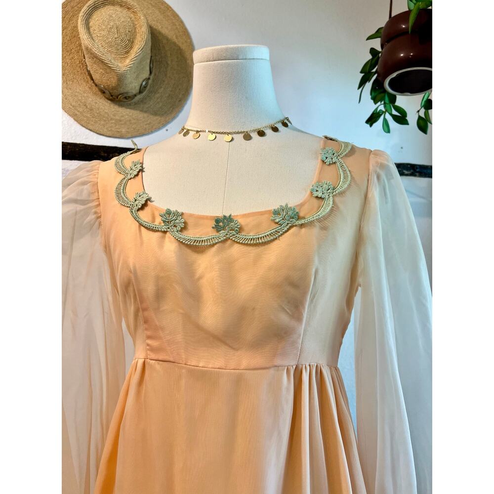 Vintage 60s Peach Green Floral Trim Princess Puffed Long Sleeve Dress Size Small - Picture 5 of 15